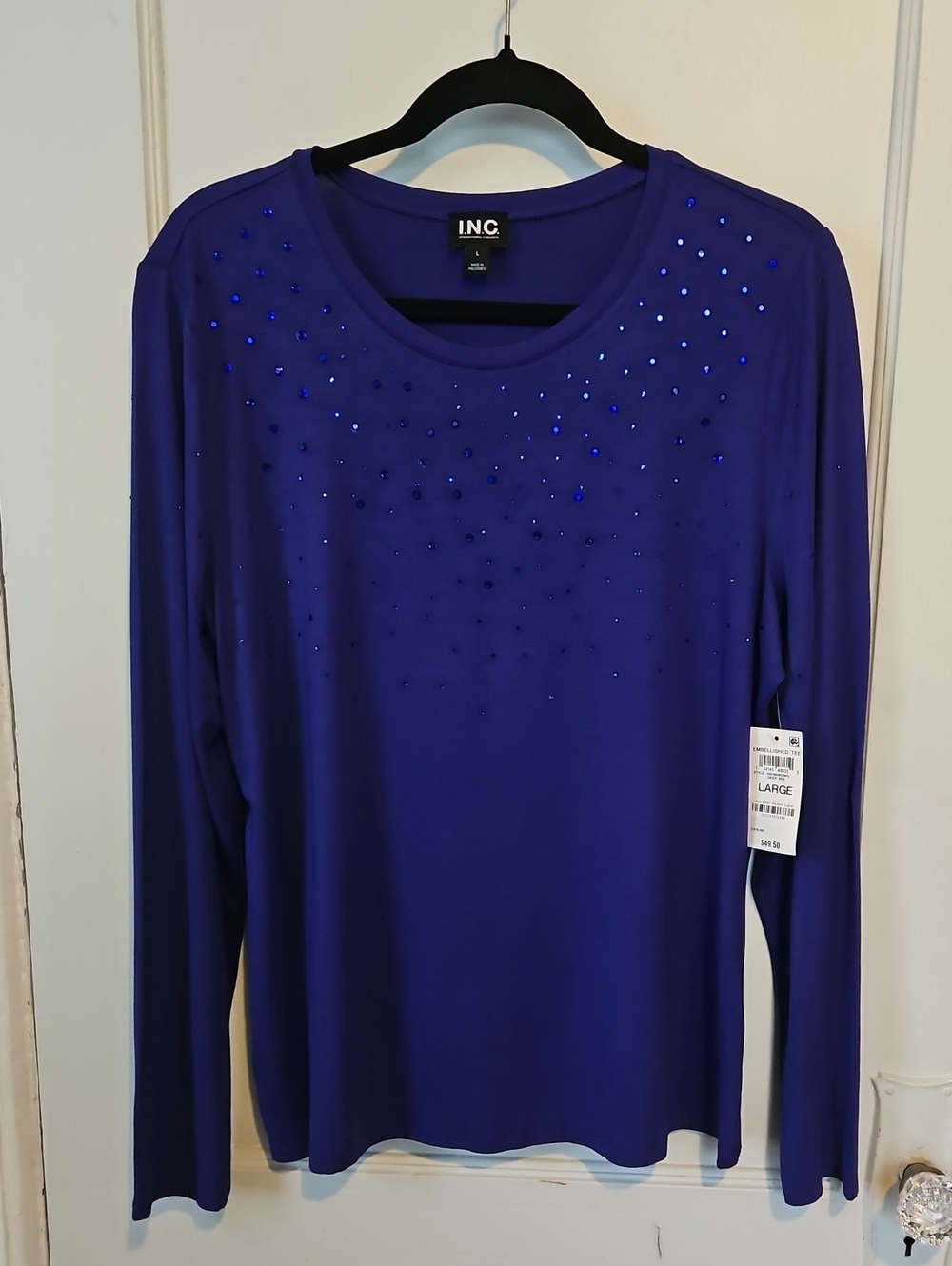 NWT International Concepts Royal Purple Long-Sleeve Top with Rhinestone Detail